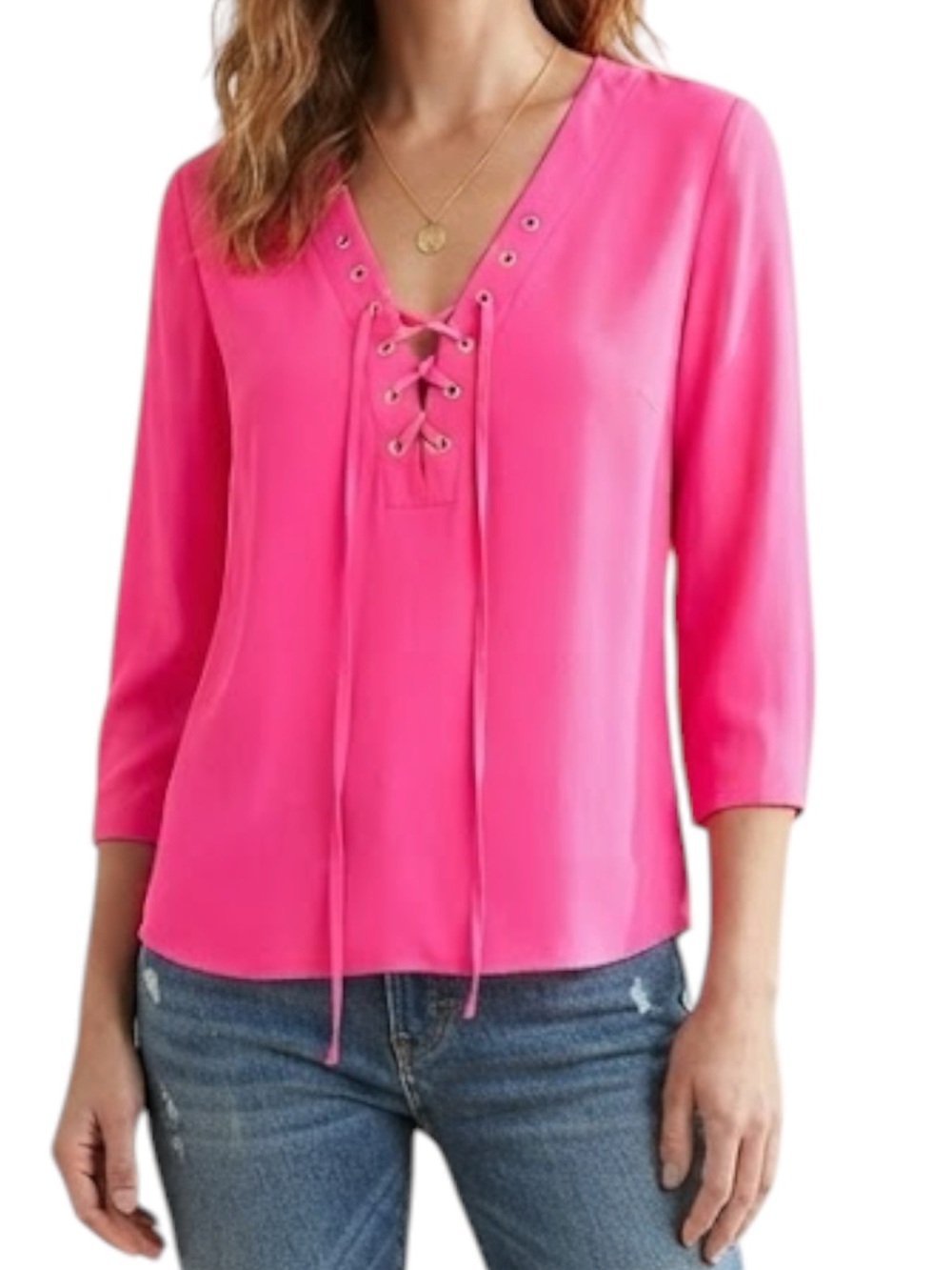 Anthropologie Aryn K 100% Silk Lace Up Eyelet Blouse Fuchsia Purple M